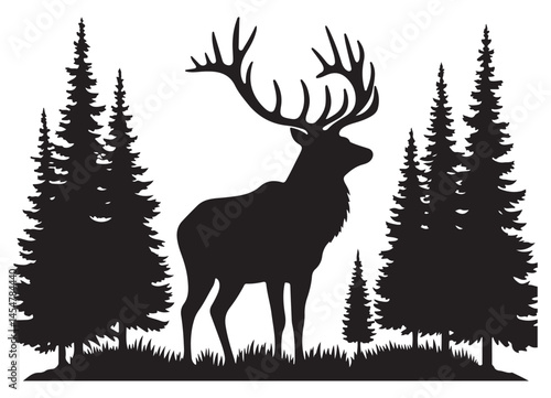 Majestic Elk Deer Silhouette Stand Under Pine Trees Vector