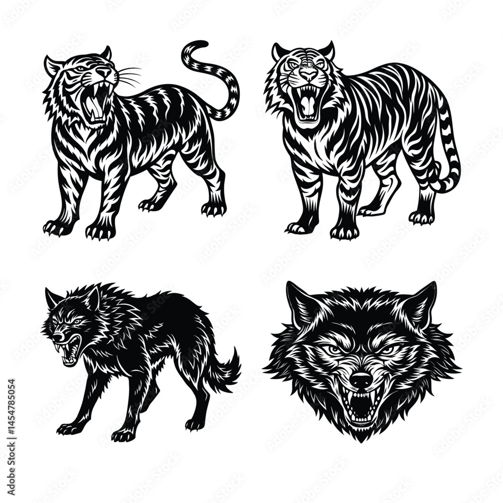 Fototapeta premium Terrestrial animals. Cartoon illustration featuring a lion, tiger, cheetah, leopard, wolf, bear, fox, puma, and black leopard.