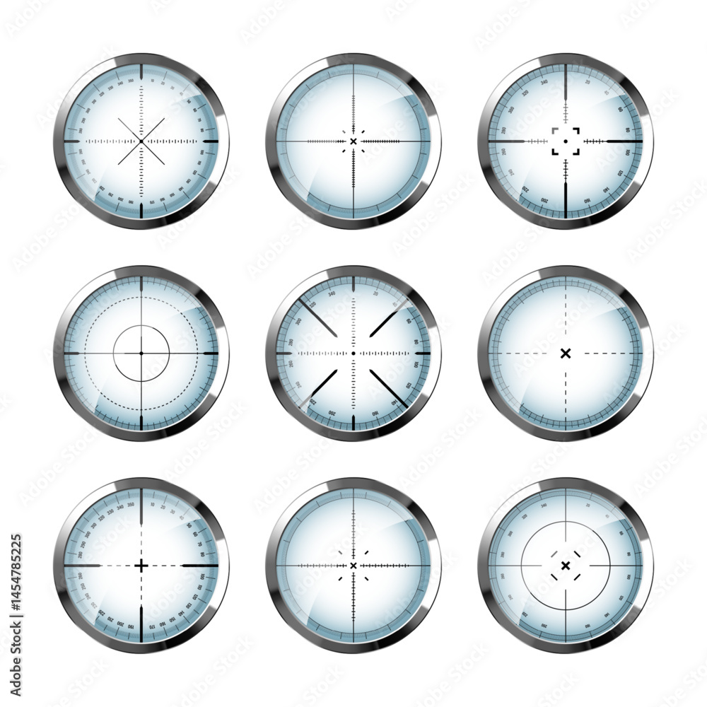 Chrome weapon sights, sniper rifle optical scopes. Hunting gun viewfinder with crosshair. Aim, shooting mark symbol. Military target sign, silhouette. Game interface UI element. Vector illustration