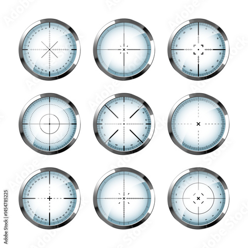 Chrome weapon sights, sniper rifle optical scopes. Hunting gun viewfinder with crosshair. Aim, shooting mark symbol. Military target sign, silhouette. Game interface UI element. Vector illustration
