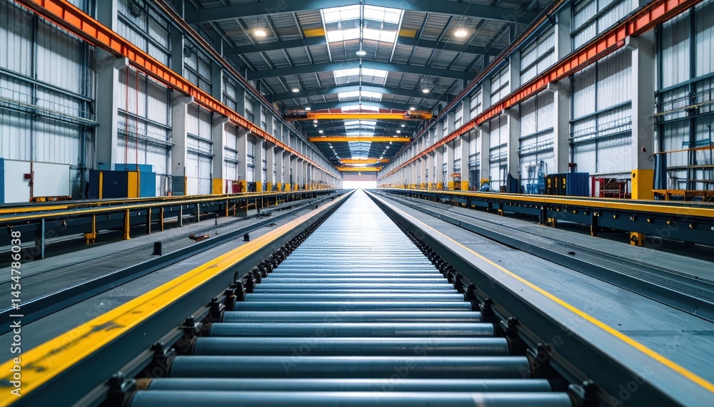 Fototapeta premium Industrial Warehouse Interior with Conveyor System and Natural Light