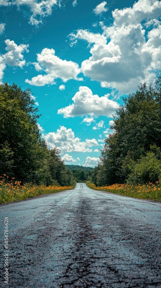 Road through trees, blue sky and white clouds above Road through trees, blue sky and white clouds above