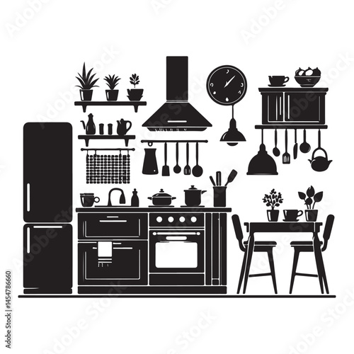 Kitchen interior silhouette illustration classic cabinet design for culinary delight