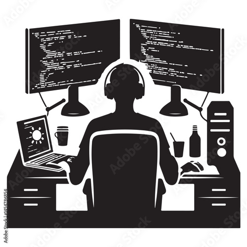 Dedicated Coder's Silhouette Embraces Dual Monitors and Late Nights