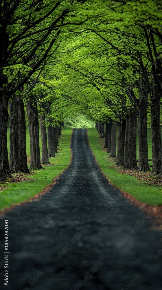 Road leads through a verdant tree lined path Road leads through a verdant tree lined path