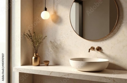 Modern minimalist bathroom interior, modern bathroom cabinet, white sink, wooden vanity, interior plants, bathroom accessories, bathtub and shower, white and beige walls, concrete floor.