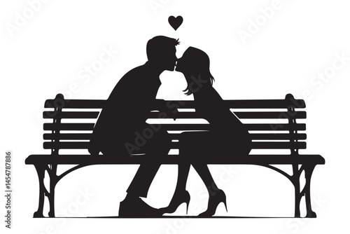Romantic Couple Kissing on a Bench Silhouette Illustration