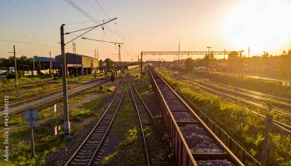 Naklejka premium Sunset Over Train Tracks and Railway Yard with Lush Greenery