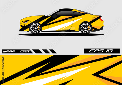 Vibrant yellow sports car wrap design with dynamic stripes