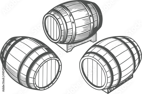 Whiskey and beer keg barrel with floral, grain, and decorative elements in retro sketch engraving style, black and white illustration set

