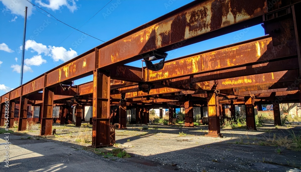 Abandoned Industrial Structure with Rusting Metal Beams and Sky Abandoned Industrial Structure with Rusting Metal Beams and Sky
