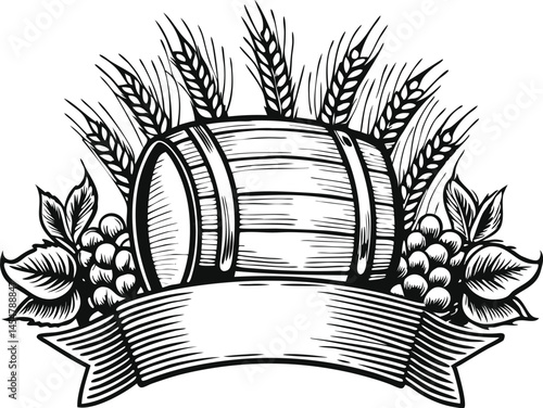 Whiskey and beer keg barrel with floral, grain, and decorative elements in retro sketch engraving style, black and white illustration set

