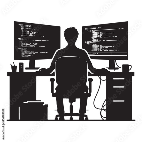 Developer Coding Silhouette Vector Programmer Working on Computer