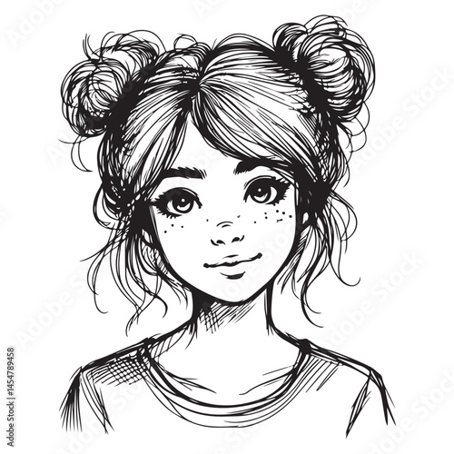 Sketch of Young Girl With Space Buns Vector Illustration