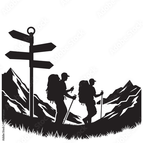 Silhouette Illustration of Hiking Adventure Featuring Mountain Scenery and Directional Sign