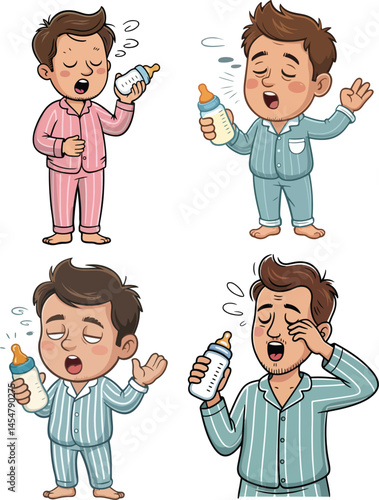 Tired Cartoon Dad with Baby Bottle – Funny New Father Vector