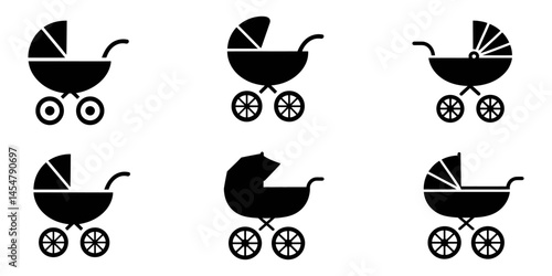Silueta negra de silla de paseo de bebé sobre fondo blanco, Stroller Icon Flat Graphic Design, Lightweight Stroller silhouette, Baby stroller set of icons, Baby Stroller Icon on  Black Button.