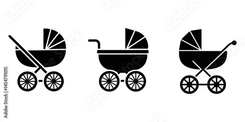 Silueta negra de silla de paseo de bebé sobre fondo blanco, Stroller Icon Flat Graphic Design, Lightweight Stroller silhouette, Baby stroller set of icons, Baby Stroller Icon on  Black Button.