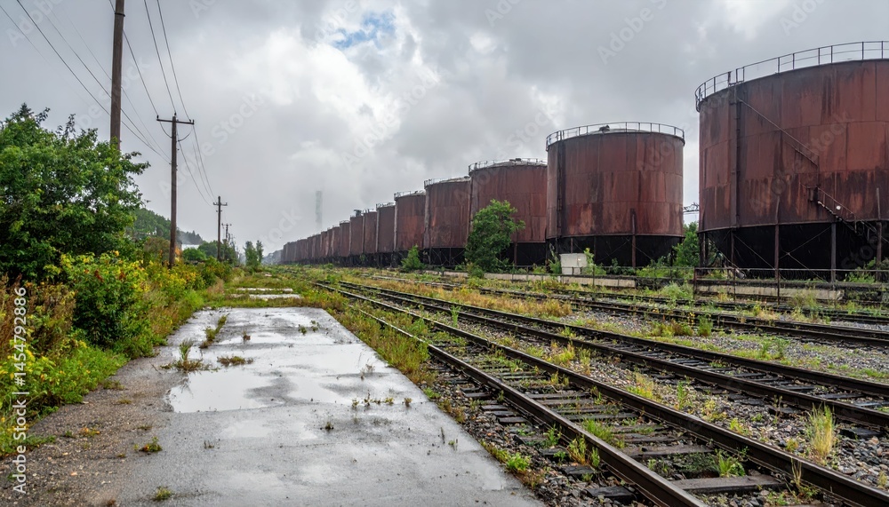 Fototapeta premium Abandoned Industrial Railway with Rusty Storage Tanks Under Clouds