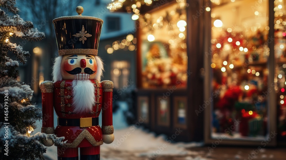 Festive nutcracker figurine stands guard outside a Christmas market. Festive nutcracker figurine stands guard outside a Christmas market.