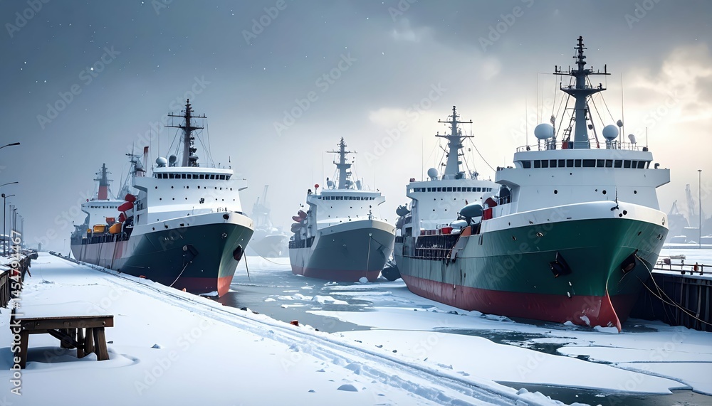 Fototapeta premium Ice-Covered Harbor with Fishing Vessels Under Cloudy Sky