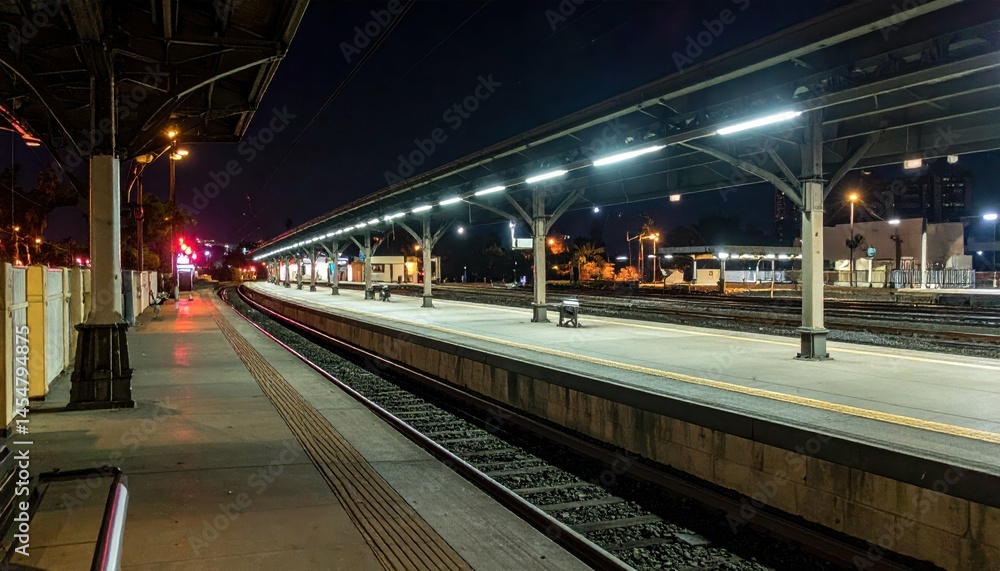 Naklejka premium Quiet Train Station Platform at Night with Illuminated Waiting Area