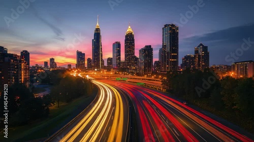 A city skyline with a highway in the background. The sky is a mix of orange and pink hues