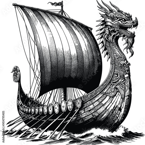 Viking Ship Vector Silhouette Design, Norse Longship Clipart with Dragon Head for T-Shirts and Wall Art, Scandinavian Boat Cricut Cut File, Ancient Warrior Sailing Artwork for Decor and Tattoo Project