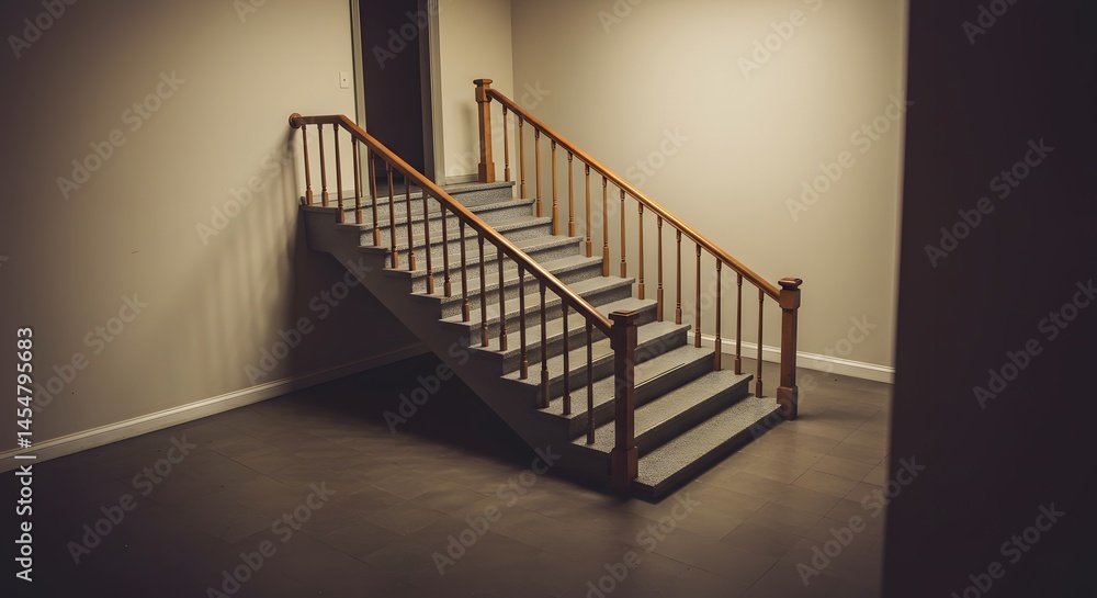 Obraz premium Carpeted Staircase with Wooden Railing Inside Building