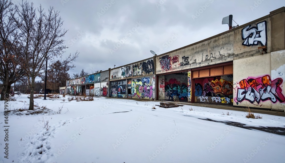 Naklejka premium Abandoned Urban Building with Colorful Graffiti and Snowy Landscape