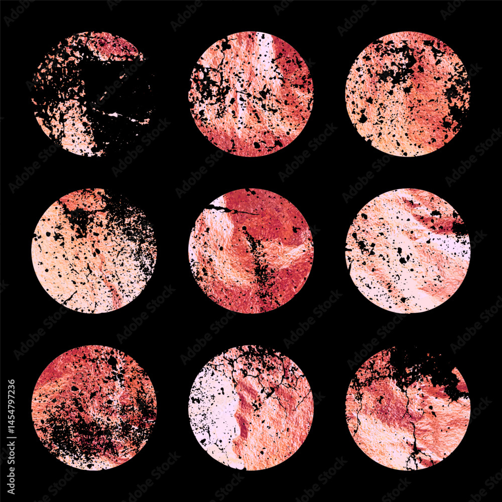 Grunge rose gold foil, shiny handmade circles. Golden glittering texture, pattern. Luxury shining hand drawn background. Wedding, greeting card decoration elements. Modern art. Vector illustration