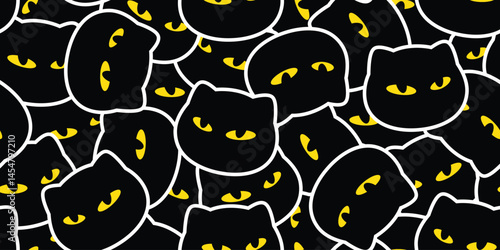 cat seamless pattern black kitten face calico head cartoon doodle pet yellow eyes animal illustration tile background gift wrapping paper repeat wallpaper