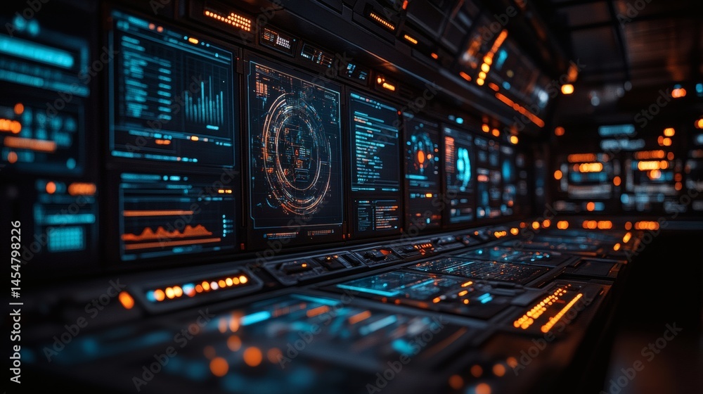 Naklejka premium Control panel monitors display data and graphs in a futuristic command center interior, technology interface with lights on a transparent background, PNG image, PNG file.