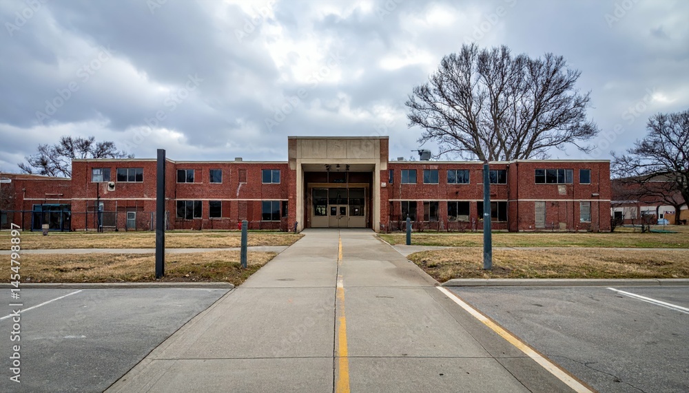 Modern Educational Institution Facade with Gray Cloudy Sky Modern Educational Institution Facade with Gray Cloudy Sky