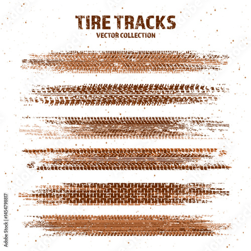 Obraz na płótnie Grunge tire tracks with mud splatters, dirty wheel braking marks. Truck, car, or motorcycle tread pattern silhouettes. Perfect for off-road, motorsport, and racing designs. Vector illustration w salonie