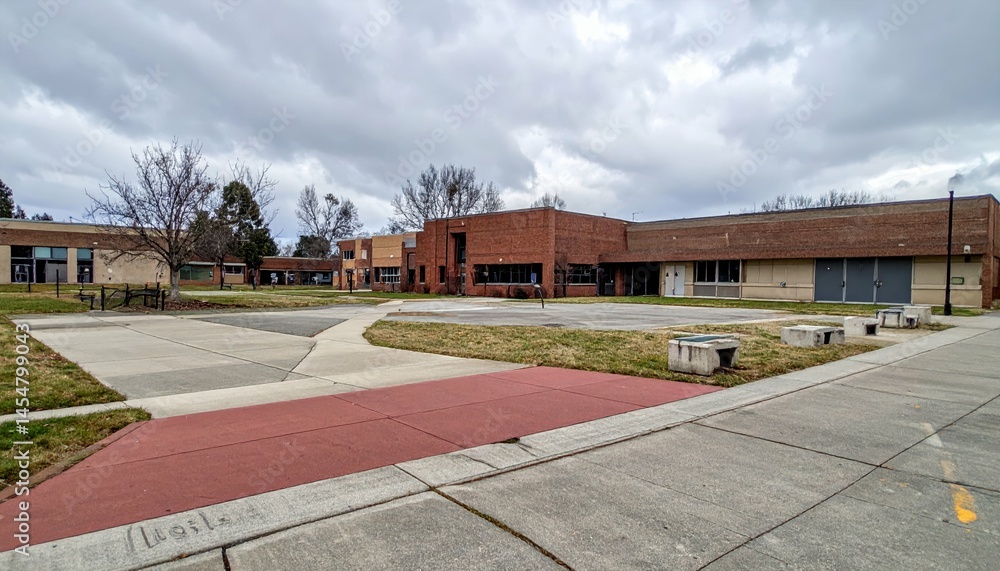Obraz premium Empty School Courtyard on a Cloudy Day with Gray Sky and Grass
