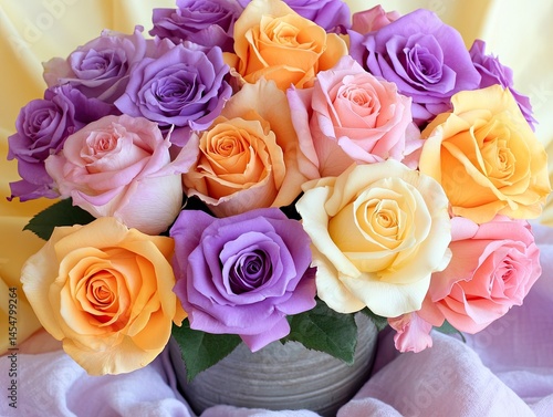 A bouquet of vibrant roses in pastel hues.