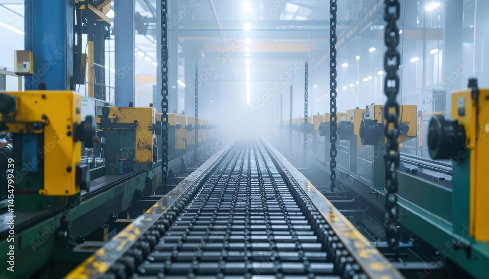 Naklejka premium Industrial Factory Production Line in Foggy Environment