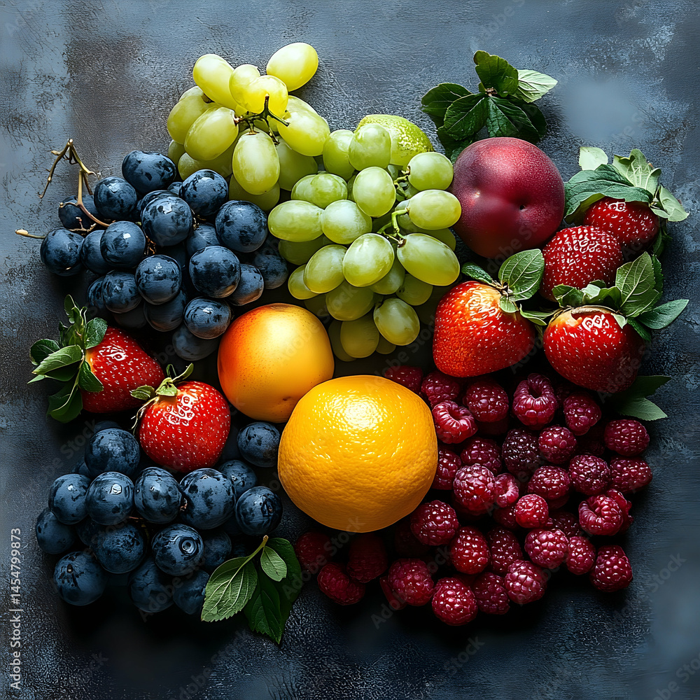 Obraz premium Assorted fruits composition grapes berries and oranges on a textured surface