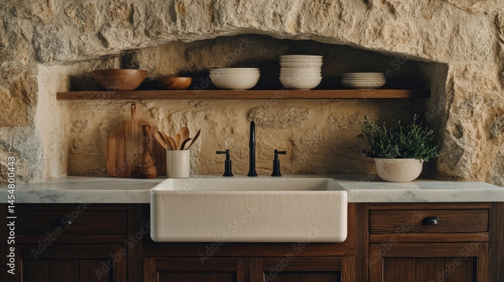Rustic, stone-walled kitchen nook with wooden shelving.