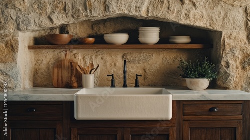 Obraz na płótnie Rustic, stone-walled kitchen nook with wooden shelving. w salonie