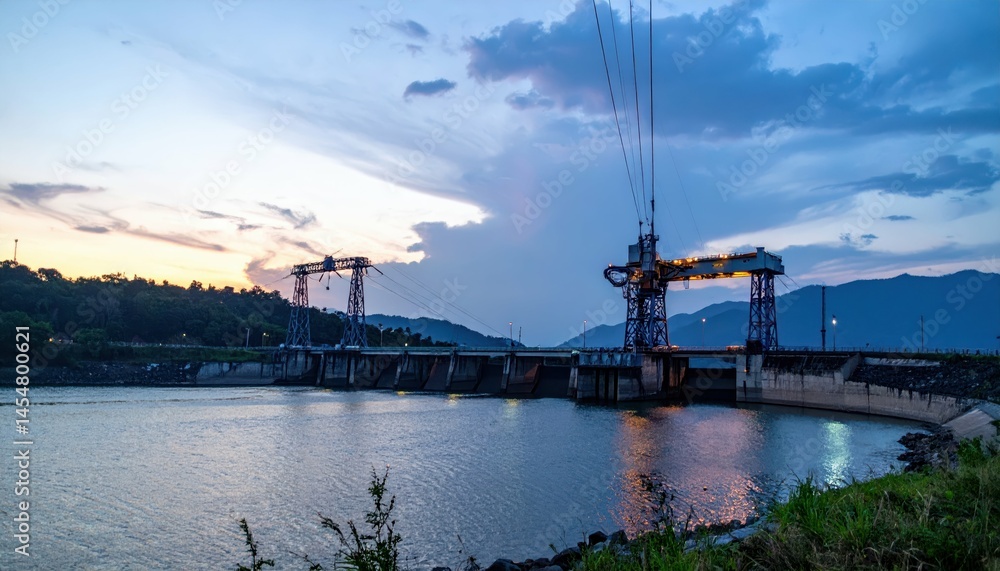 Fototapeta premium Sunset Over Water Reservoir with Hydraulic Gates and Mountain Background