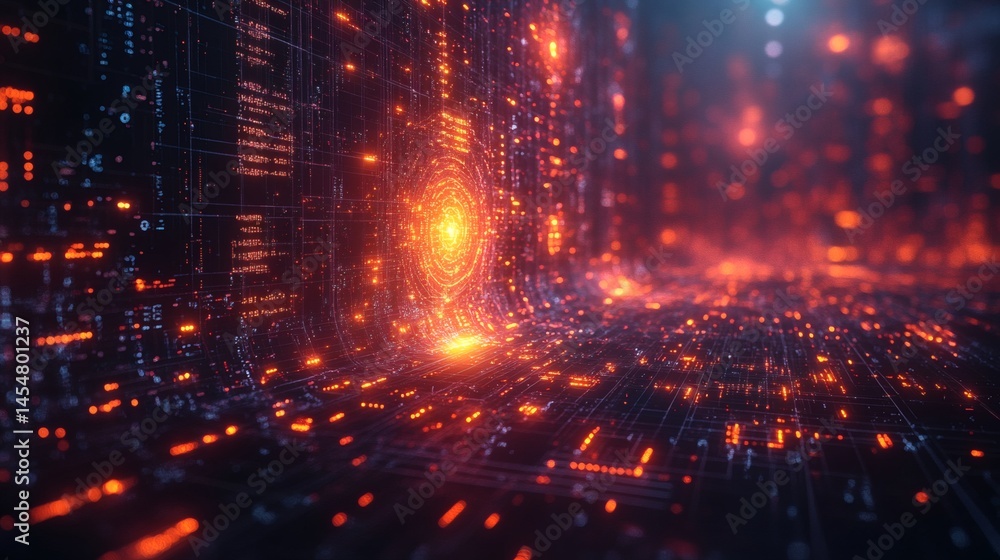 Fototapeta premium Complex network of interconnected dots and lines, glowing with orange light, creating a technological tunnel effect on a transparent background, PNG image, PNG file.