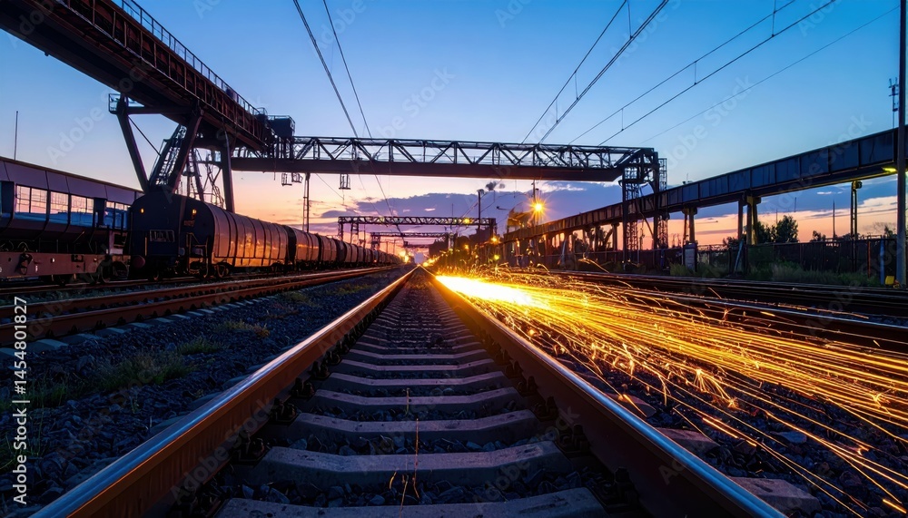 Sparkling Sunset Over City Rail Yard with Train Tracks and Machinery Sparkling Sunset Over City Rail Yard with Train Tracks and Machinery