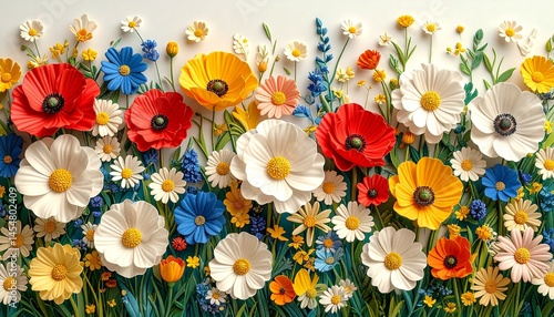 3D relief wallpaper mural of spring wildflower meadow, including daisies, poppies and yellow buttercups, realistic texture and embossed flower layers, bright color composition.