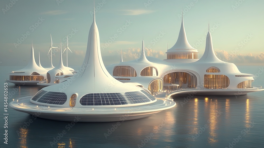 Floating architectural structures in a serene, utopian landscape.