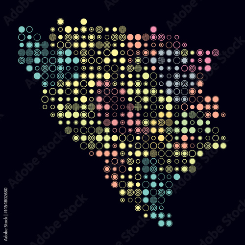 Bosnia and Herzegovina, shape of the country build of colored cells. Digital style map of the Bosnia and Herzegovina on dark background. Large size circle blocks. Trending vector illustration.