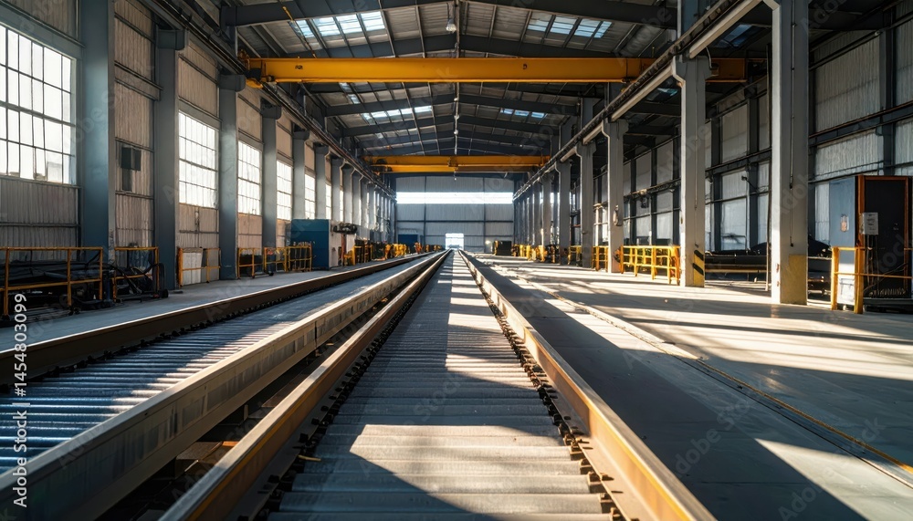 Industrial Warehouse with Railway Tracks and Bright Sunlight Industrial Warehouse with Railway Tracks and Bright Sunlight