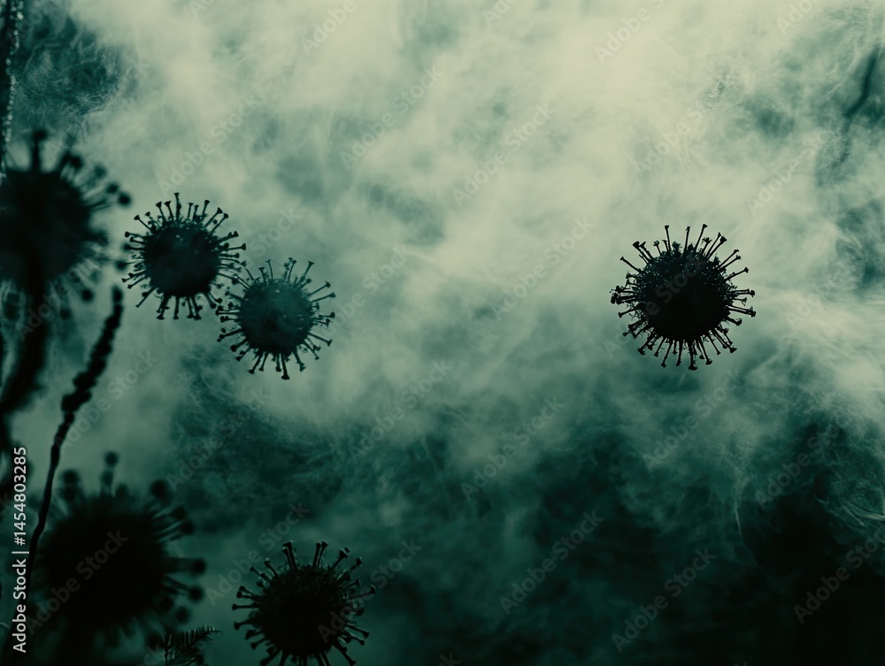 Dark, hazy, viral particles in a smoky atmosphere.