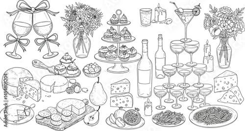 Hand drawn chalk food illustrations. Wedding dinner icons